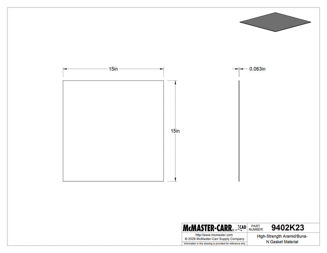 Technical Drawing of High-Strength Aramid/Buna-N Gasket Material, Oil-Resistant, 1/16" Thick, 15" x 15".